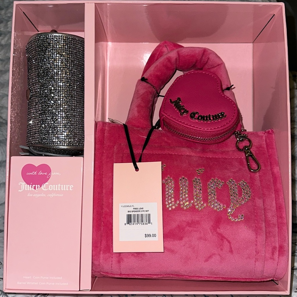 Juicy couture Pink Velvet purse, withh Heart Coin Purse and mini Glam Barrel